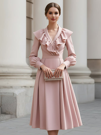 Ruffled Wrap-Neck Long Sleeve Midi Dress