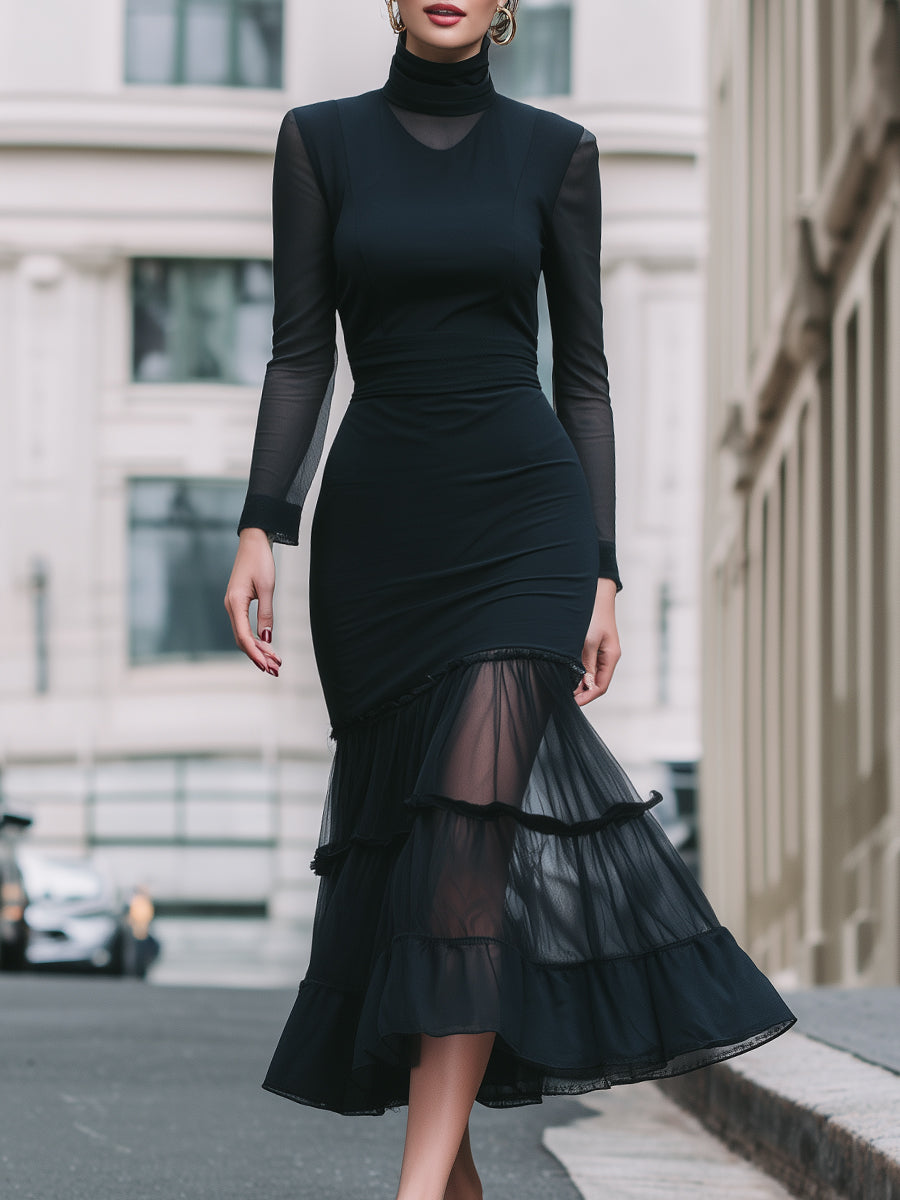 High Neckline Mesh Tiered Ruffle Midi Dress