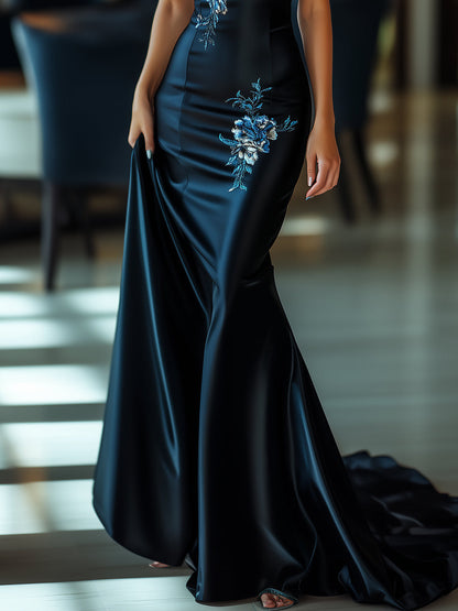 Midnight Satin Floral Embroidered Mermaid Gown