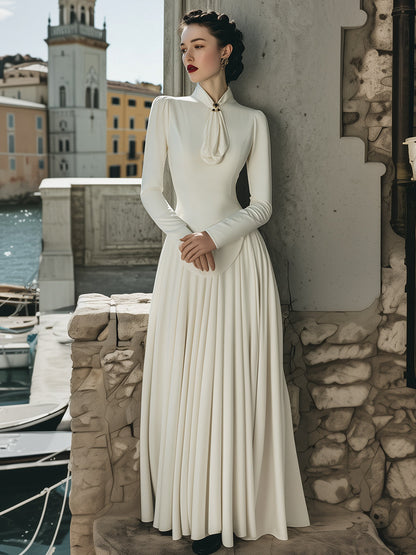 Elegant Plain Maxi Dress With Scarf-Tie Collar