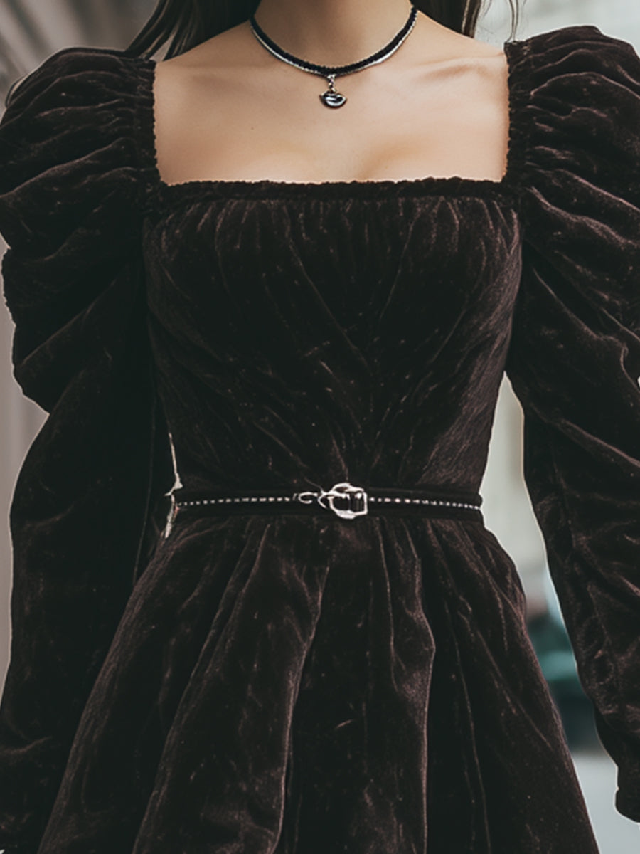 Chocolate Velvet Puff-Sleeve Mini Dress