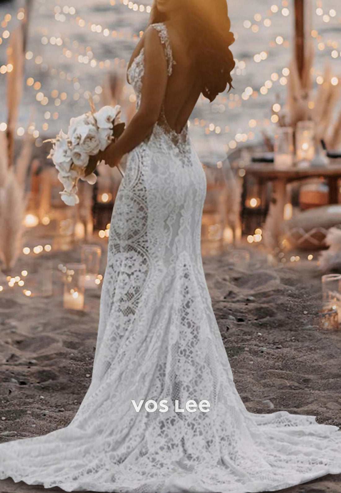 Spaghetti Straps V Neck Appliques Lace Rhinestone Pleated Mermaid Wedding Dresses