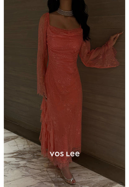 Long Sleeve Scoop Pleated Sheath Appliques Lace Ankle-Length Evening Dresses