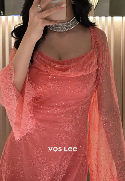 Long Sleeve Scoop Pleated Sheath Appliques Lace Ankle-Length Evening Dresses