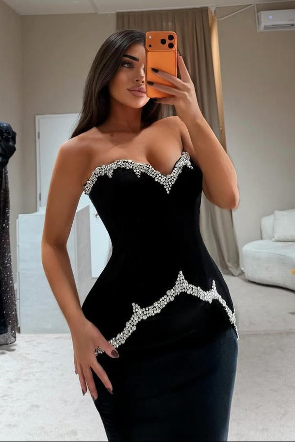 Elegant Black Sweetheart Strapless Velvet Prom Dresses Mermaid Gem With Gloves