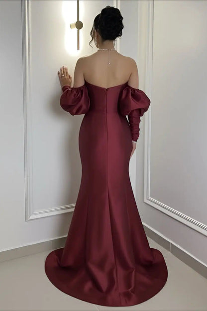 Elegant Burgundy Strapless Satin Mermaid Prom Dress Column Detachable Sleeves