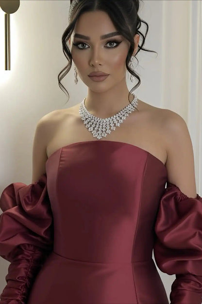 Elegant Burgundy Strapless Satin Mermaid Prom Dress Column Detachable Sleeves