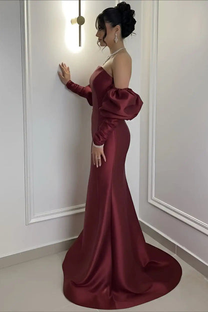 Elegant Burgundy Strapless Satin Mermaid Prom Dress Column Detachable Sleeves