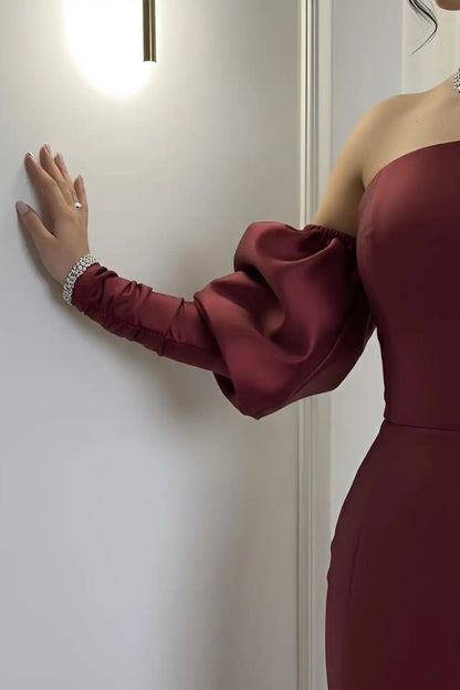 Elegant Burgundy Strapless Satin Mermaid Prom Dress Column Detachable Sleeves