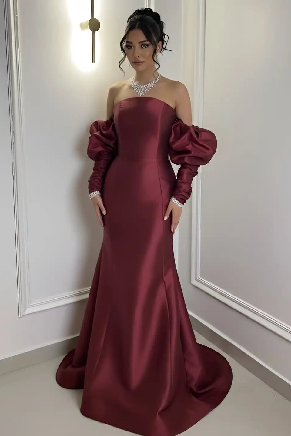 Elegant Burgundy Strapless Satin Mermaid Prom Dress Column Detachable Sleeves