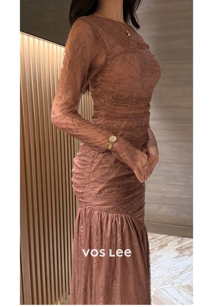 Long Sleeve Appliques Lace Ankle-Length Mermaid Evening Dresses Formal Dresses