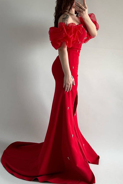 Elegant Red Strapless Mermaid Prom Dresses Bubbles Sleeves High Slit Sheath Dress