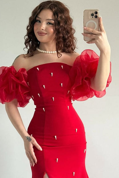 Elegant Red Strapless Mermaid Prom Dresses Bubbles Sleeves High Slit Sheath Dress