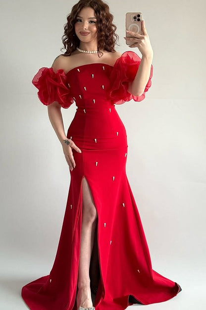 Elegant Red Strapless Mermaid Prom Dresses Bubbles Sleeves High Slit Sheath Dress