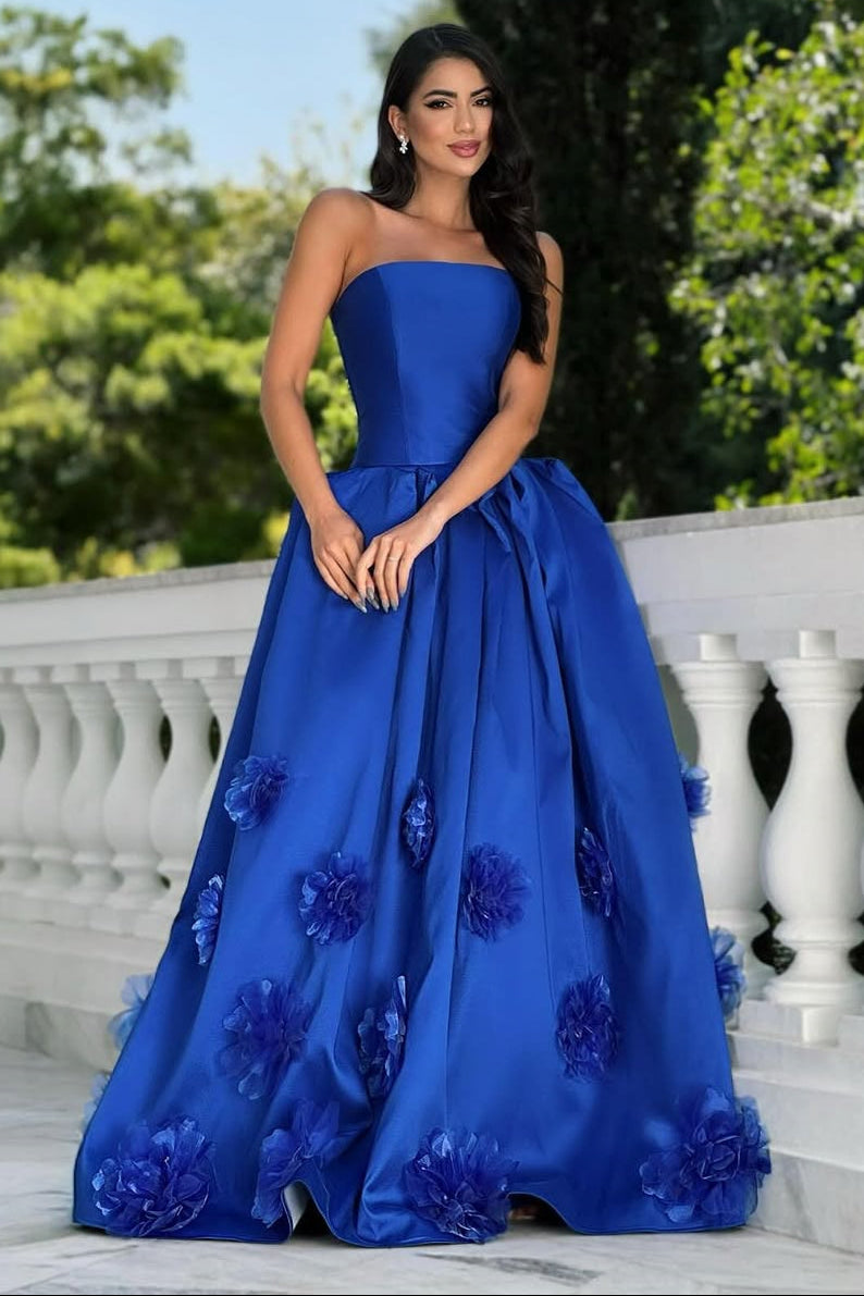 Elegant A-Line Royal Blue Strapless Sleeveless Satin Prom Dress