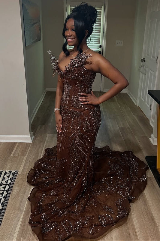 Sparkle Brown Mermaid Court Train V-neck Sleeveless Prom Dresses