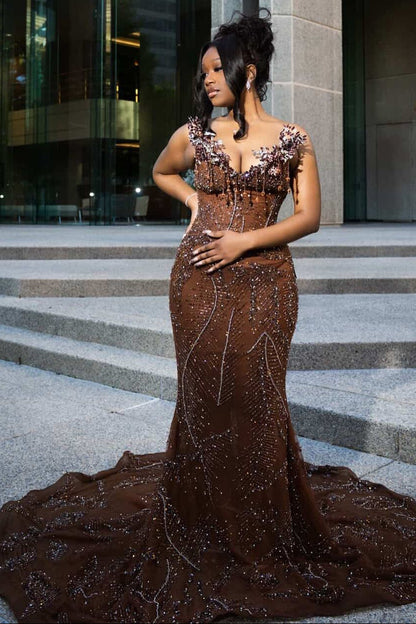 Sparkle Brown Mermaid Court Train V-neck Sleeveless Prom Dresses
