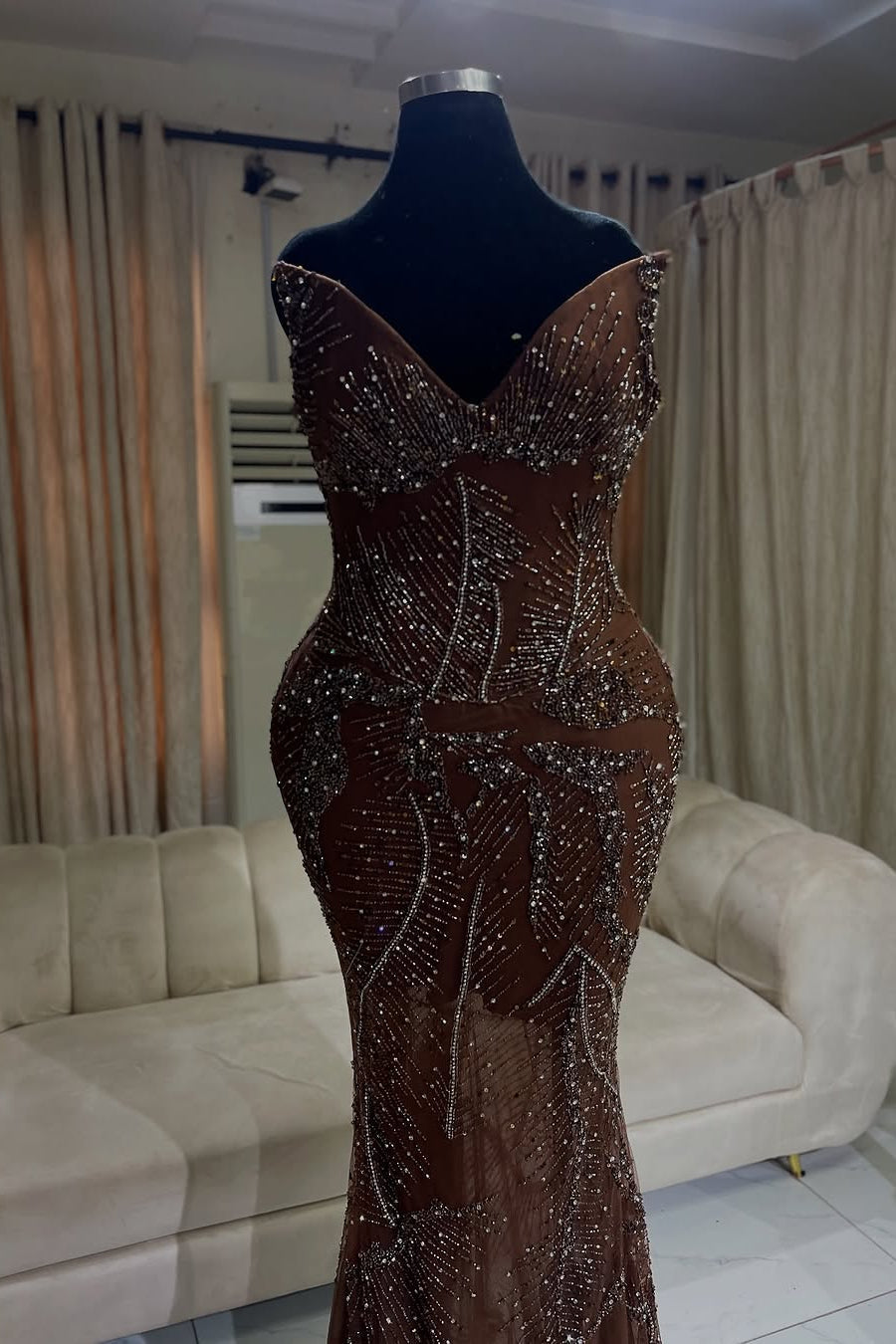 Sparkle Brown Mermaid Court Train V-neck Sleeveless Prom Dresses