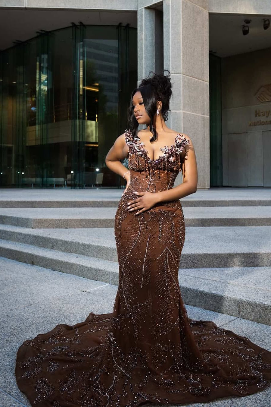 Sparkle Brown Mermaid Court Train V-neck Sleeveless Prom Dresses
