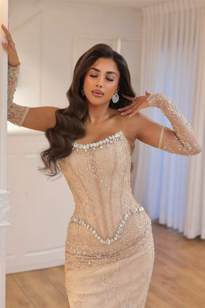 Luxury Strapless Gem Prom Dresses Detachable Sleeves Side Split With Beads