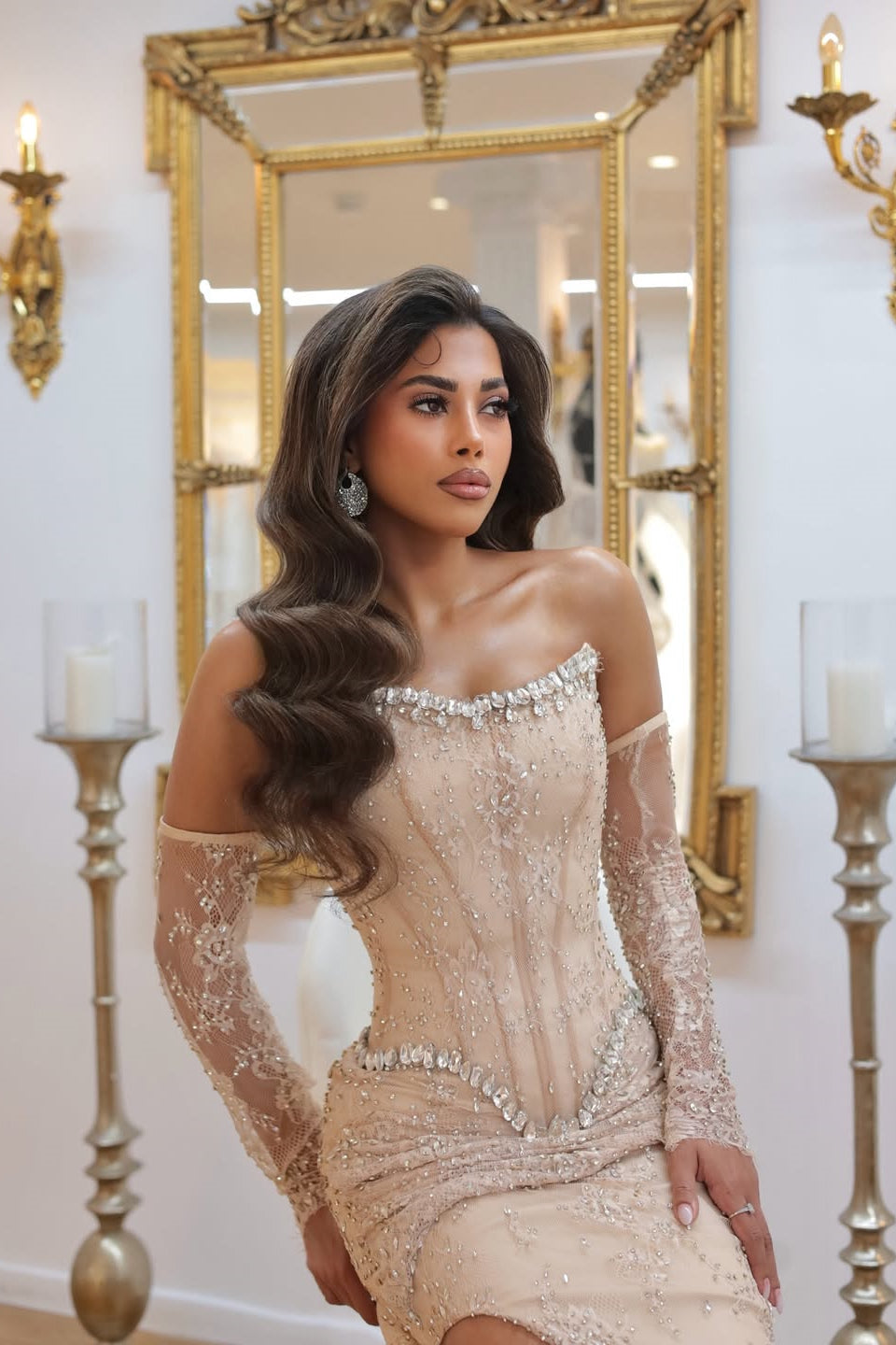 Luxury Strapless Gem Prom Dresses Detachable Sleeves Side Split With Beads