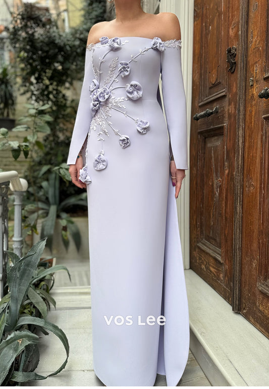 Gorgeous & Charming Long Sleeve Off the Shoulder Floral Embossed Evening Dresses