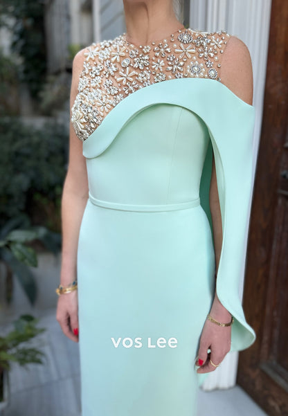 Ornate Asymmetrical Illusion Neck Rhinestone Pearls Floor-Length Evening Dresses