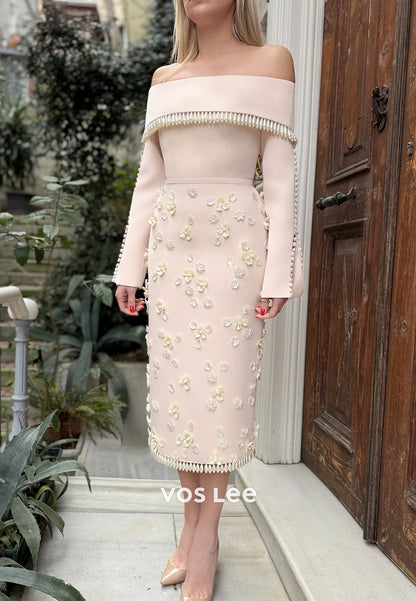 Covered Button Long Sleeve Off the Shoulder Pearls Flowers Sheath Evening Dresses