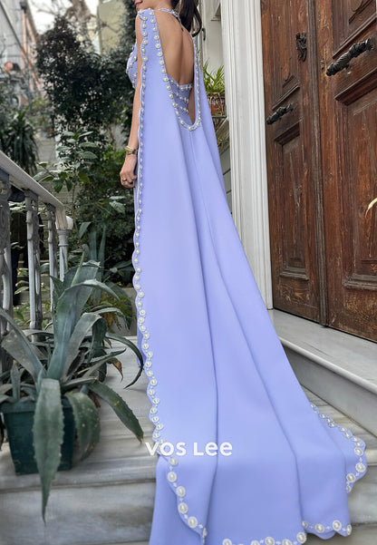 Elegant & Luxurious Halter Sheath Evening Dresses Formal Dresses with Court Train