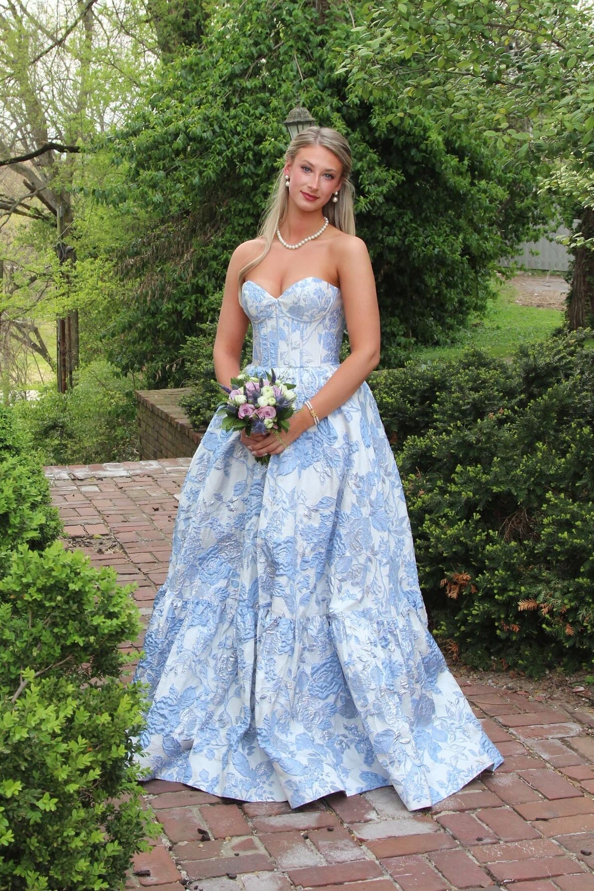 Strapless Pink Floral A-line Long Formal Dress