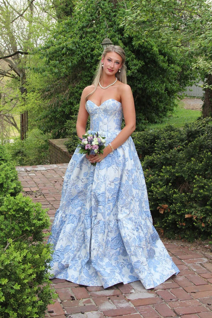 Strapless Pink Floral A-line Long Formal Dress