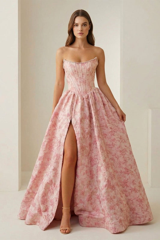 Pink - A Line Strapless Jacquard Long Prom Dresses With Slit