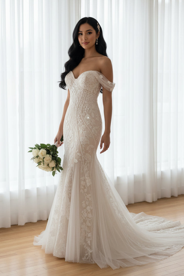 Off-the-Shoulder Sweetheart Lace Mermaid Wedding Dress | Sheer Tulle Train Bridal Gown