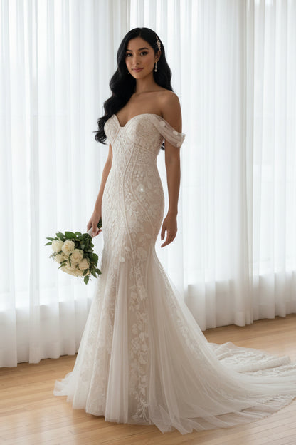 Off-the-Shoulder Sweetheart Lace Mermaid Wedding Dress | Sheer Tulle Train Bridal Gown