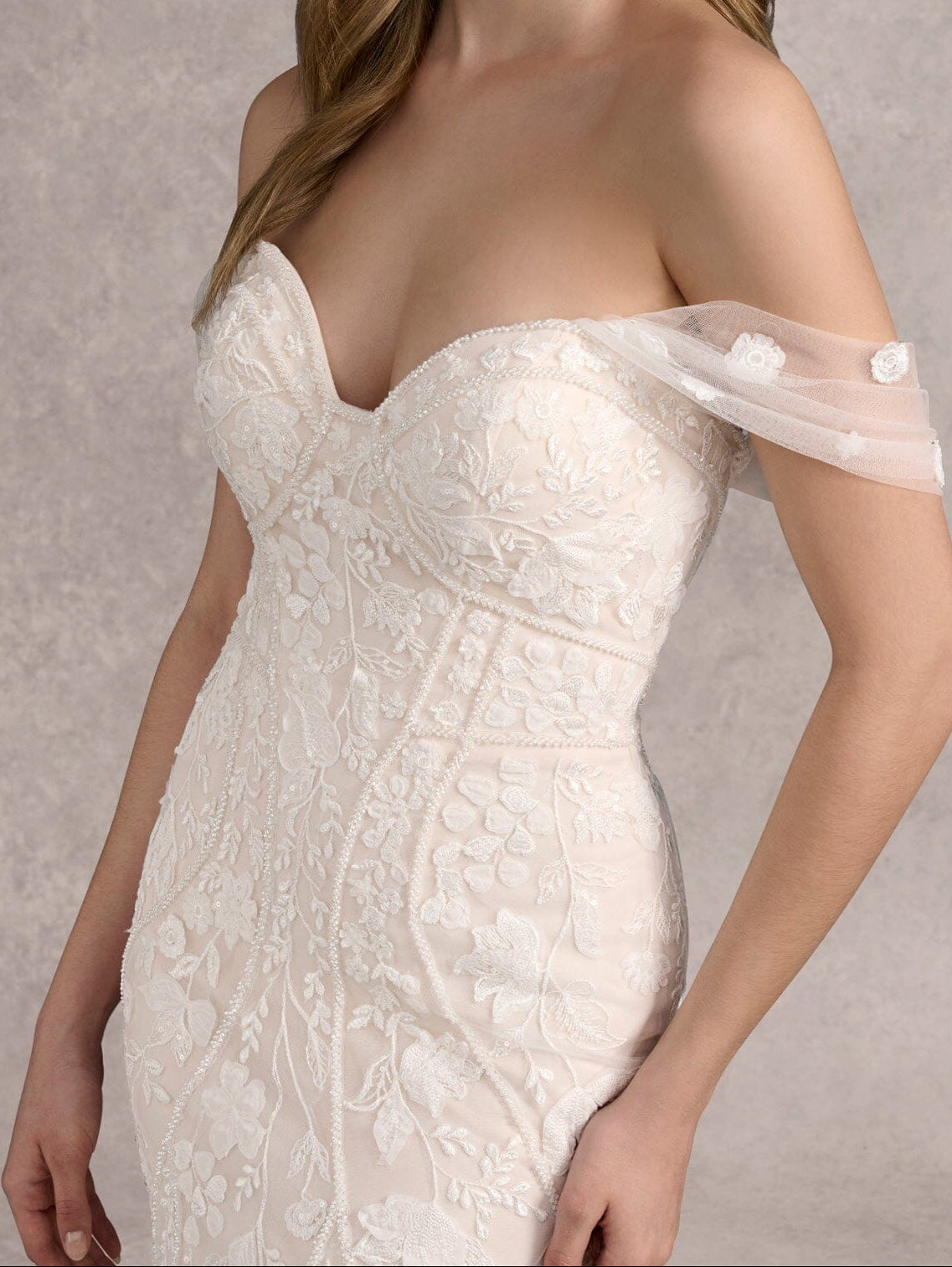 Off-the-Shoulder Sweetheart Lace Mermaid Wedding Dress | Sheer Tulle Train Bridal Gown