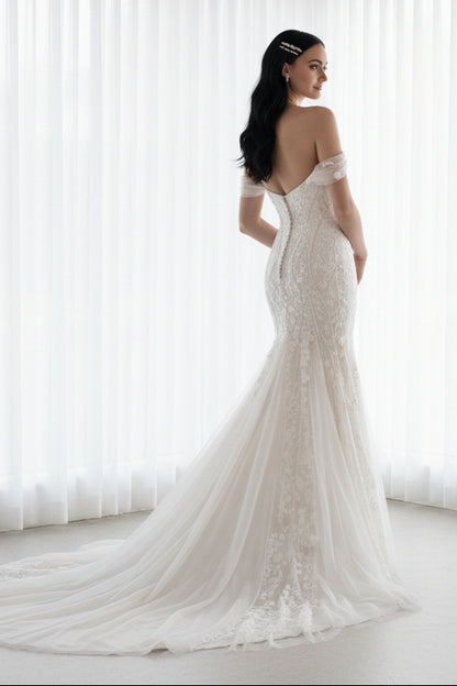 Off-the-Shoulder Sweetheart Lace Mermaid Wedding Dress | Sheer Tulle Train Bridal Gown