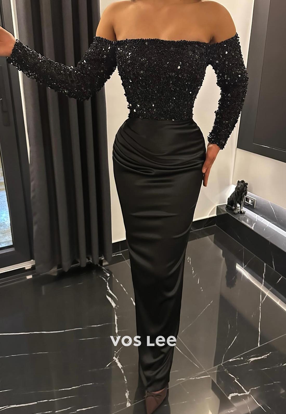 Empire Waist Long Sleeves Strapless Sequined Pleated Mermaid Evening Dress