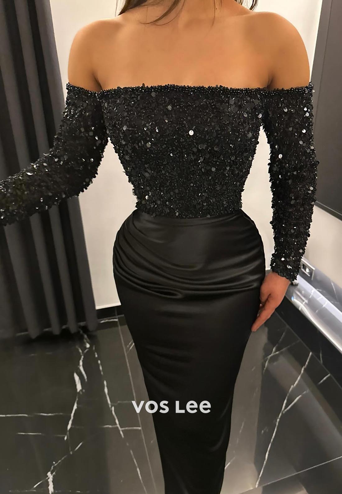 Empire Waist Long Sleeves Strapless Sequined Pleated Mermaid Evening Dress