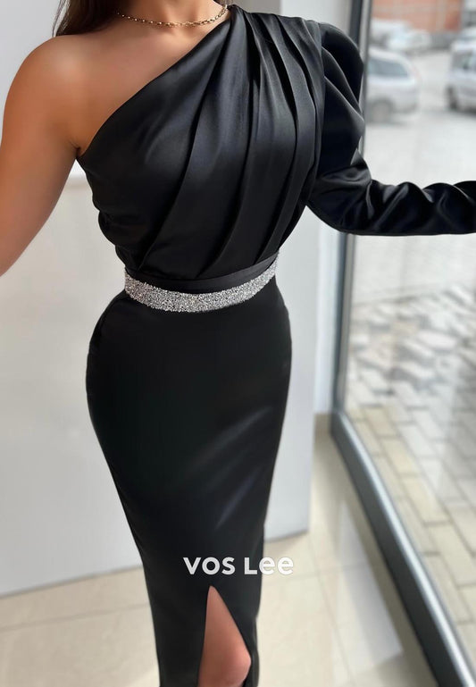 Elegant Long Sleeves One Shoulder Black Mermaid Evening Dress with Split