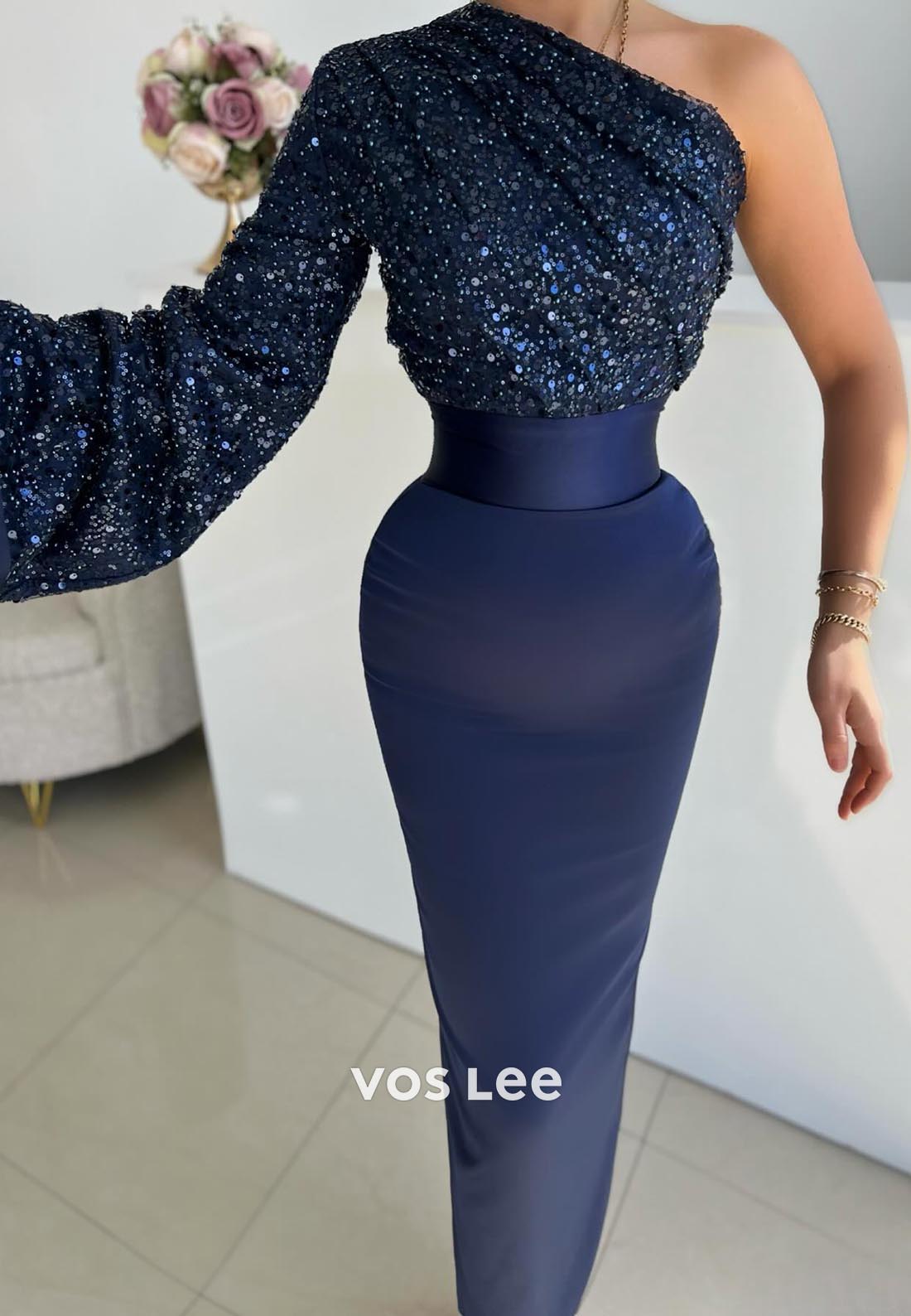 Classic & Timeless Long Sleeves One Shoulder Sequined Mermaid Evening Dress