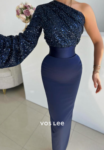 Classic & Timeless Long Sleeves One Shoulder Sequined Mermaid Evening Dress