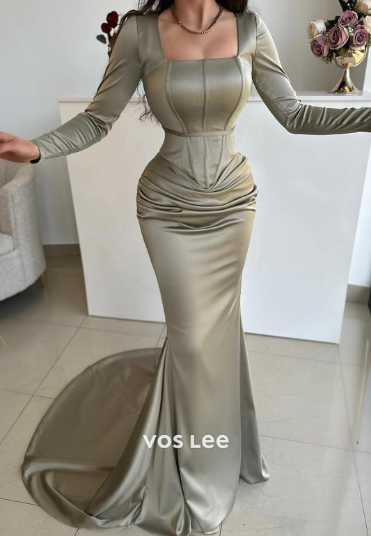 Long Sleeves Pleated Mermaid  Formal Gowns Evening Dress with Sweep Train