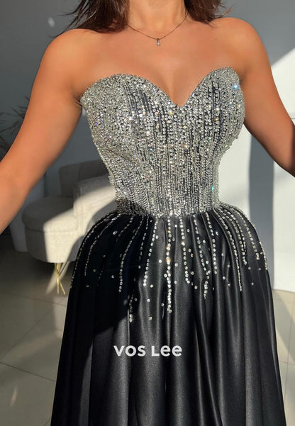 Sparkly A-Line Sweetheart Rhinestone  Prom Dresses Evening Dress with High Split