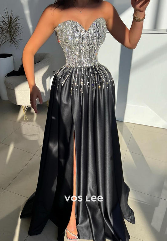 Sparkly A-Line Sweetheart Rhinestone  Prom Dresses Evening Dress with High Split