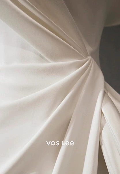 Off the Shoulder Pleated Mermaid Beach Wedding Dresses with Sweep Train