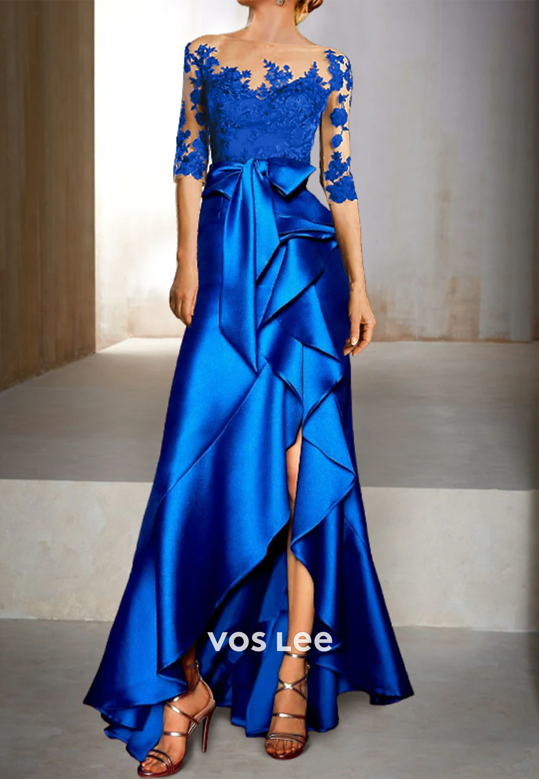 Long Sleeves Lace Appliques Tiered Mermaid Evening Dress with Sweep Train