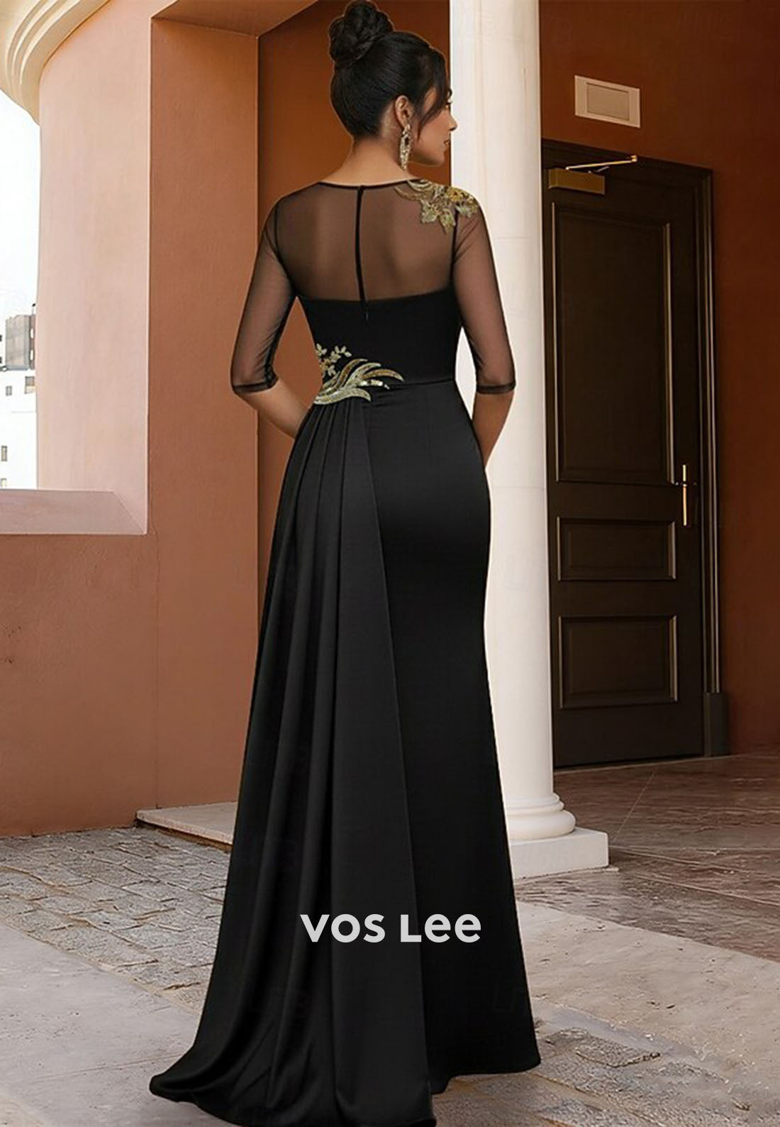 Black Satin Evening Gown with Gold Embroidery and Illusion Sleeves