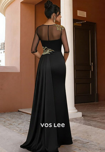 Black Satin Evening Gown with Gold Embroidery and Illusion Sleeves
