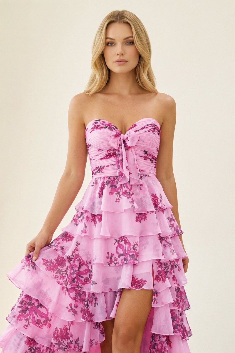 Hot Pink - A Line Strapless Floral Chiffon Ruffled Long Prom Dresses With Slit
