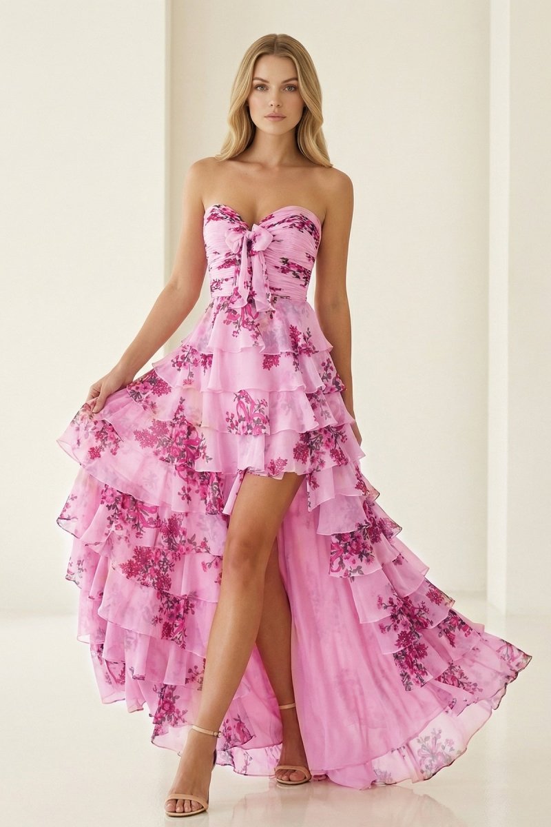 Hot Pink - A Line Strapless Floral Chiffon Ruffled Long Prom Dresses With Slit